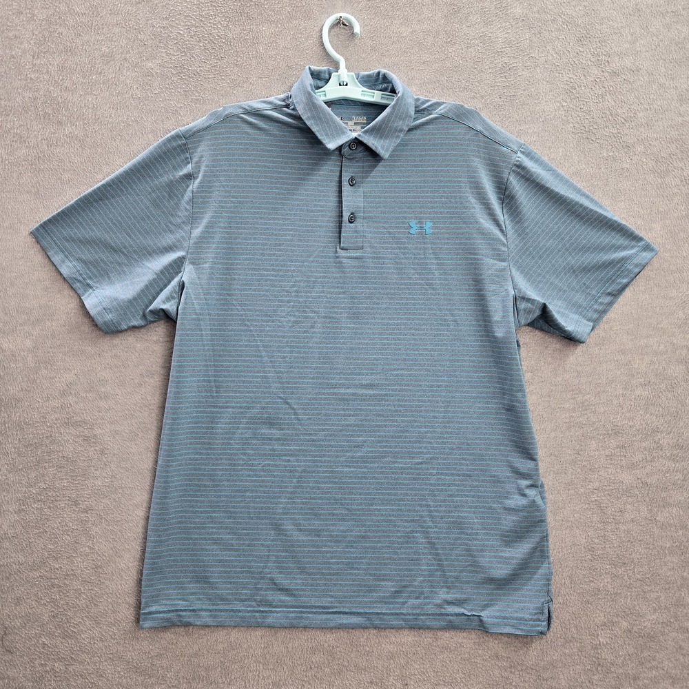 Under‎ Armour Men Polo XL Blue Striped Short Sleeve HeatGear Loose Logo Collar
